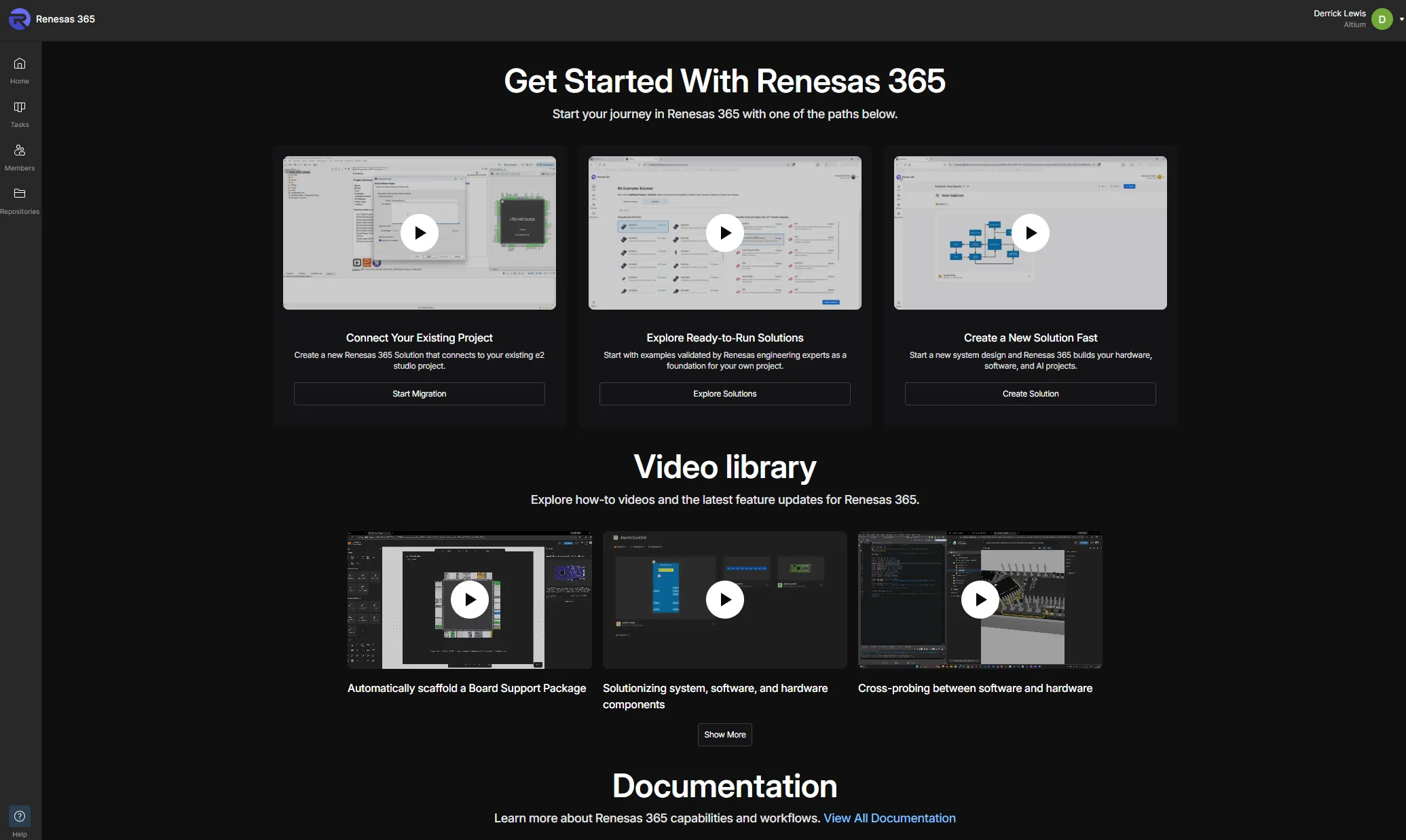 Renesas 365 in-app help page with videos and documentation