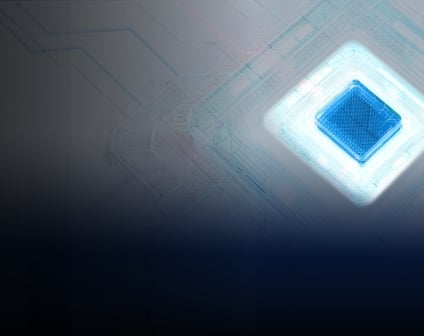 Homepage banner illustrating an illuminated semiconductor chip with leaf texture in the center indicating business sustainability.
