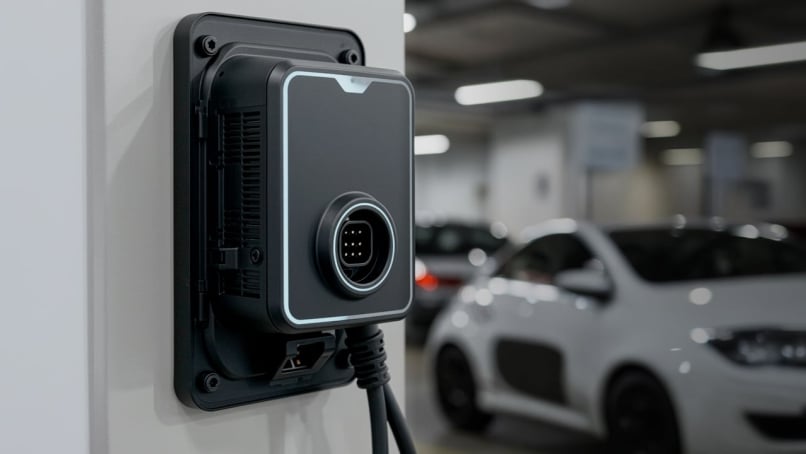 Automotive On-Board Charger (OBC) attached to an indoor garage wall with white electric car in the background.