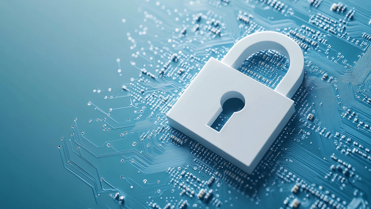 Padlock on Circuit Image Padlock on light blue circuitry background signifying connected security