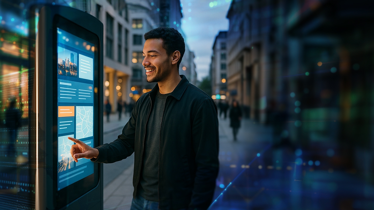 Outdoor Electronic Info Board Touchscreen Person scrolling on outdoor electronic information board's touchscreen.